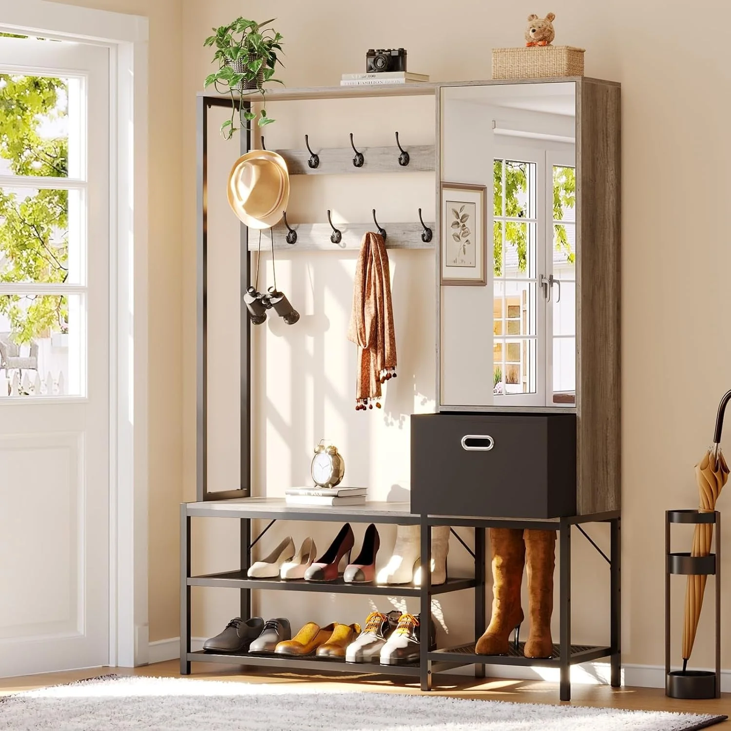 Entryway Bench with Shoe Storage Hall Tree with Mirror Cabinet