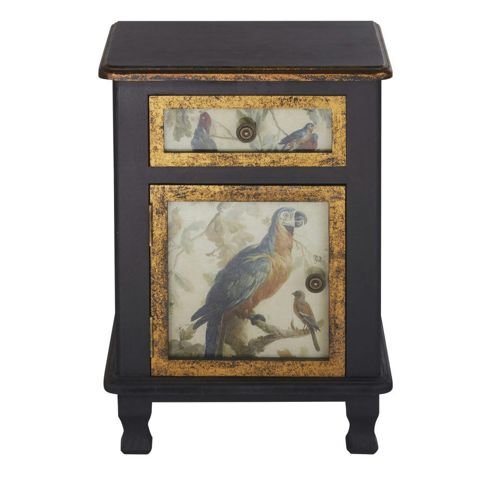 Perroquet - Table de chevet 1 porte 1 tiroir noire et dorée à motifs