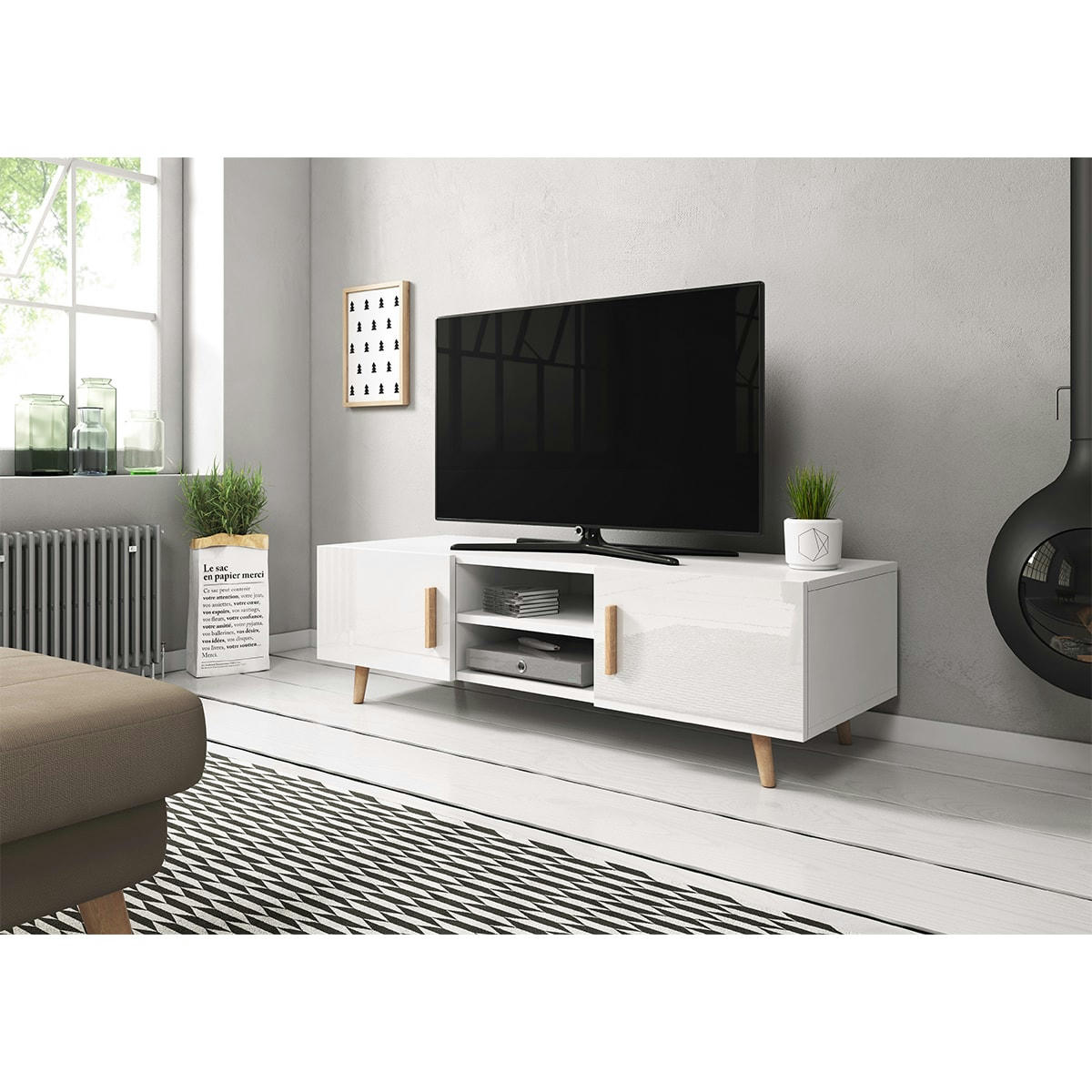 - Meuble tv 2 portes 140 cm blanc