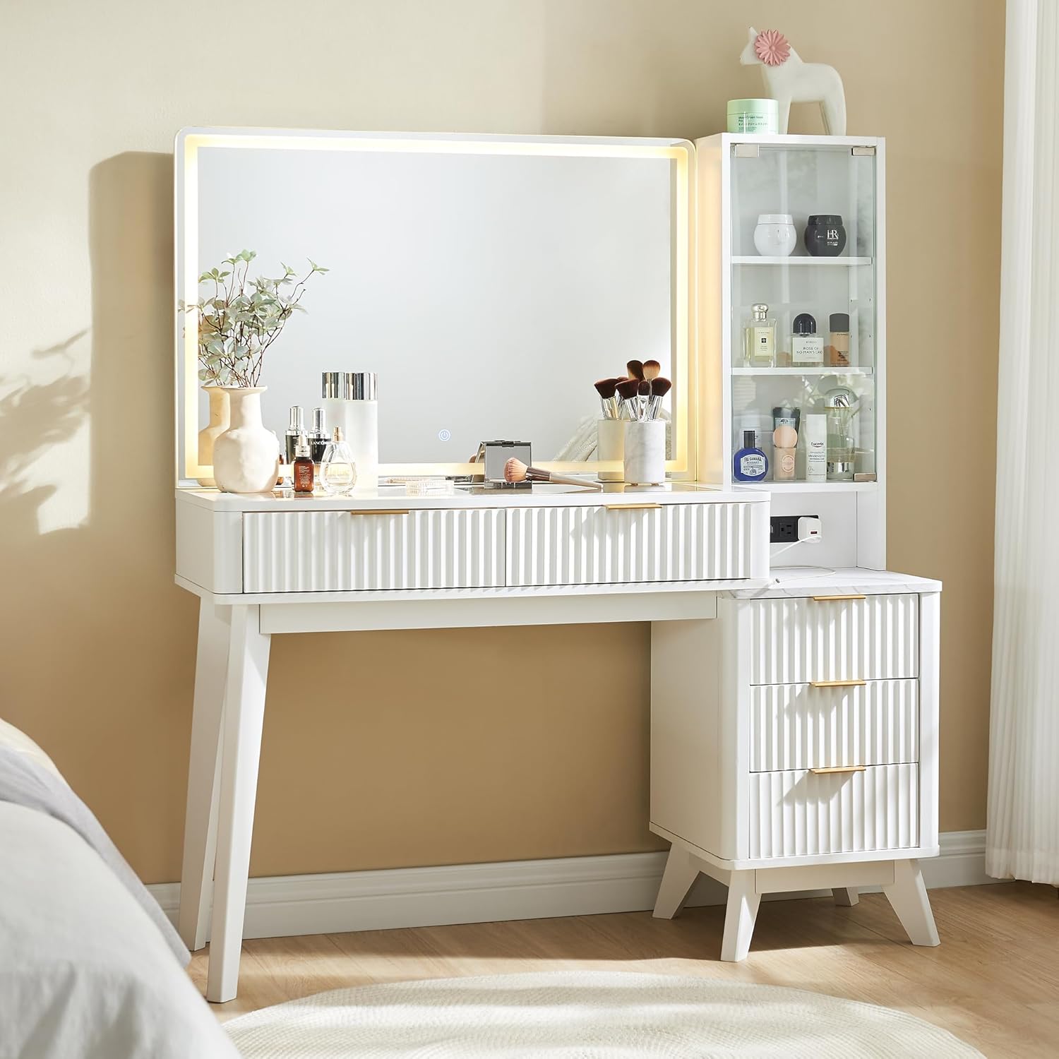 T4TREAM 48 Fluted Makeup Vanity Desk with Large 36 Mirror and Lights, Modern Glass Top Big Vanity Table with 5 Drawers & Adjustable Shelves, Dressing Table Set w/Charging Station for Bedroom, White