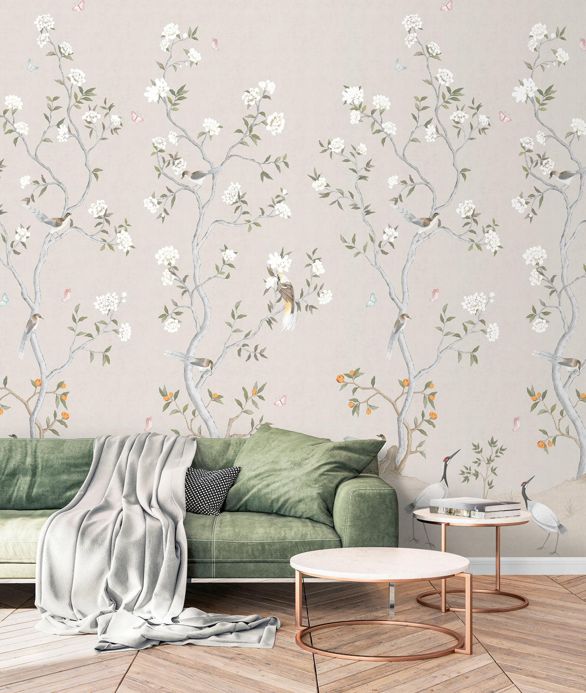 Sanders & Sanders fotobehang bloemen en vogels beige en wit - 159 x 280 cm - 640214
