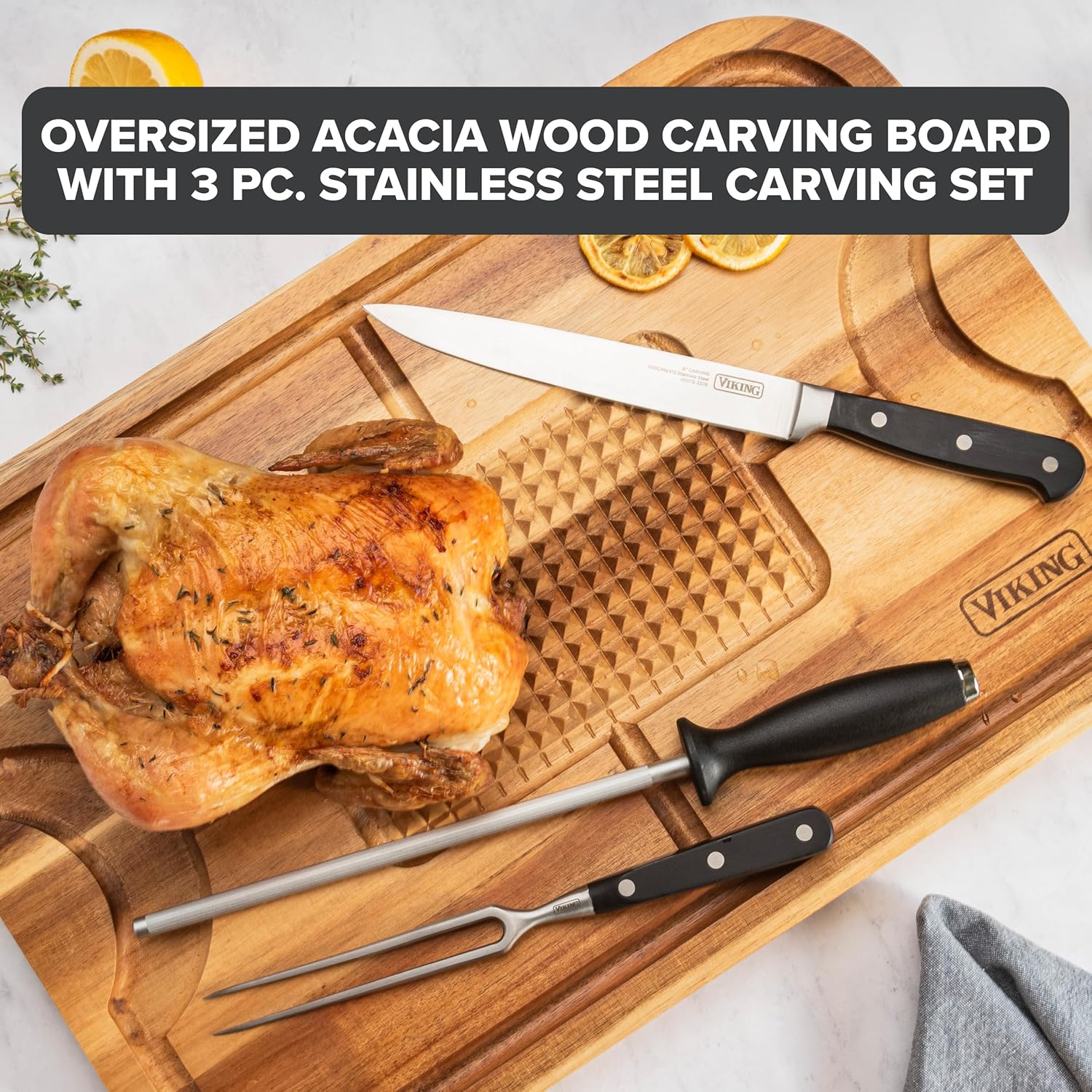 Viking Cutting Board and 3-Piece Carving Set, Oversized Acacia Wood Carving Board with Fork, Knife, and Sharpening Steel, 21.8 x 14.6 Inch