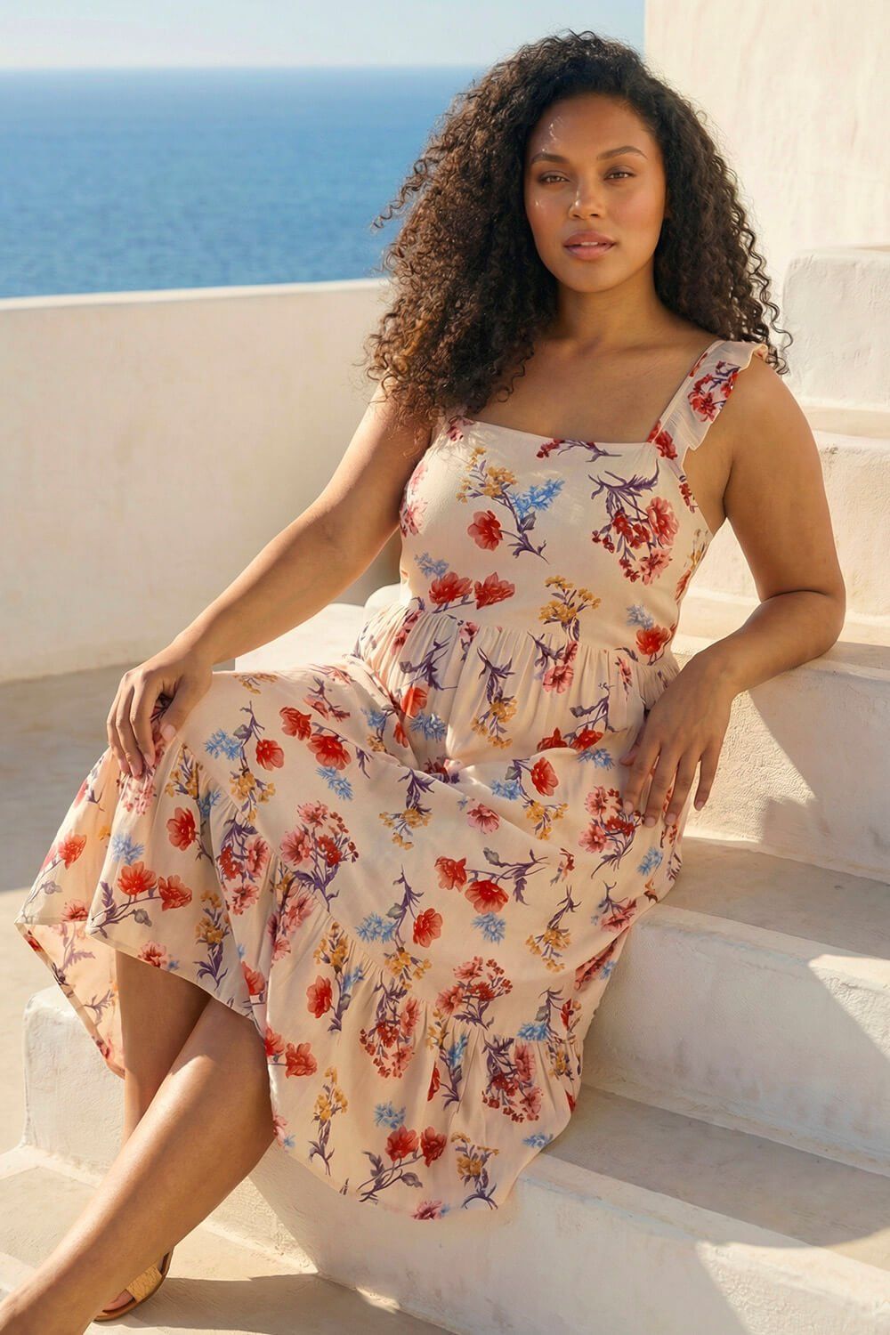 Roman Curve Ditsy Floral Strap Midi Dress