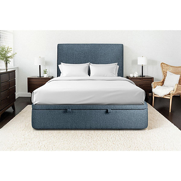 Lit coffre 160x200cm avec tête de lit tapissier Bouclette Bleu - Hauteur totale : 39cm