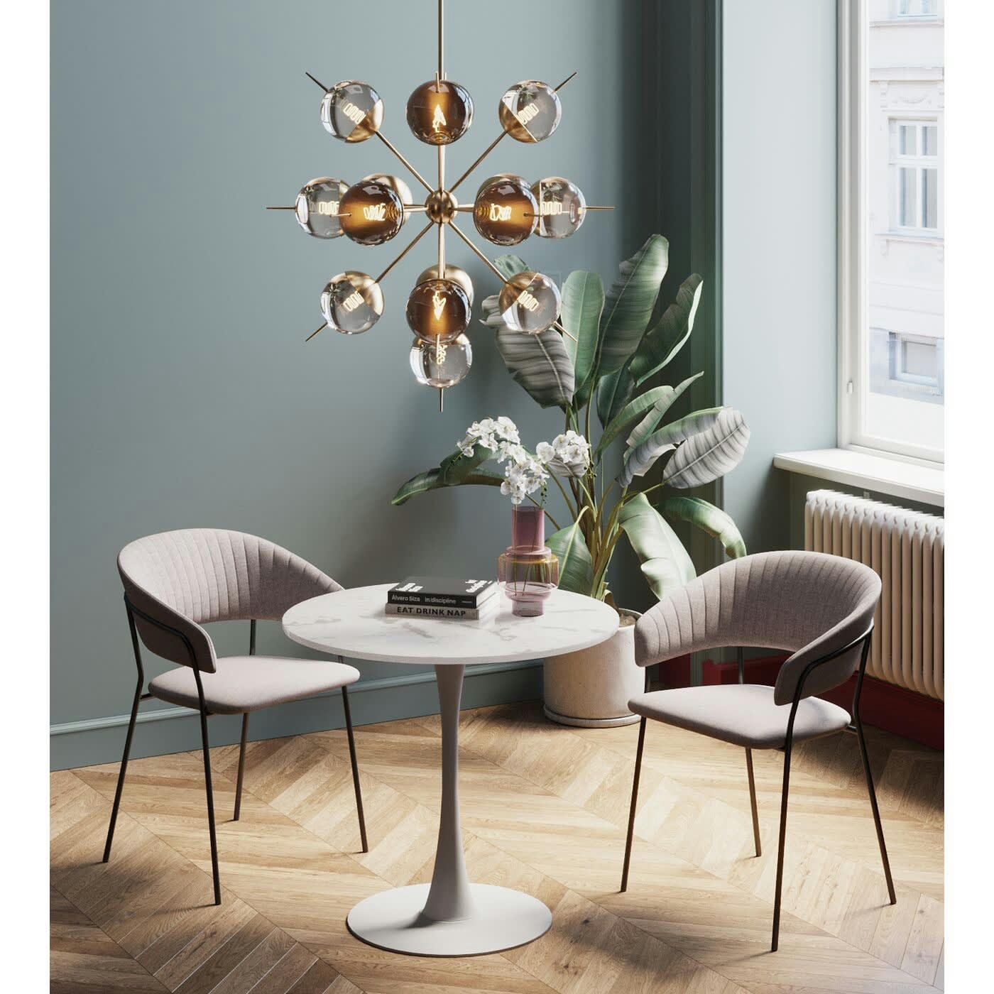 SCHICKERIA - Table à manger 4 personnes ronde effet marbre blanc D80