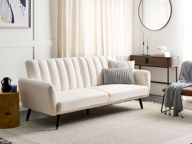 Sofa tapczan rozkładana jasnobeżowa tapicerowana