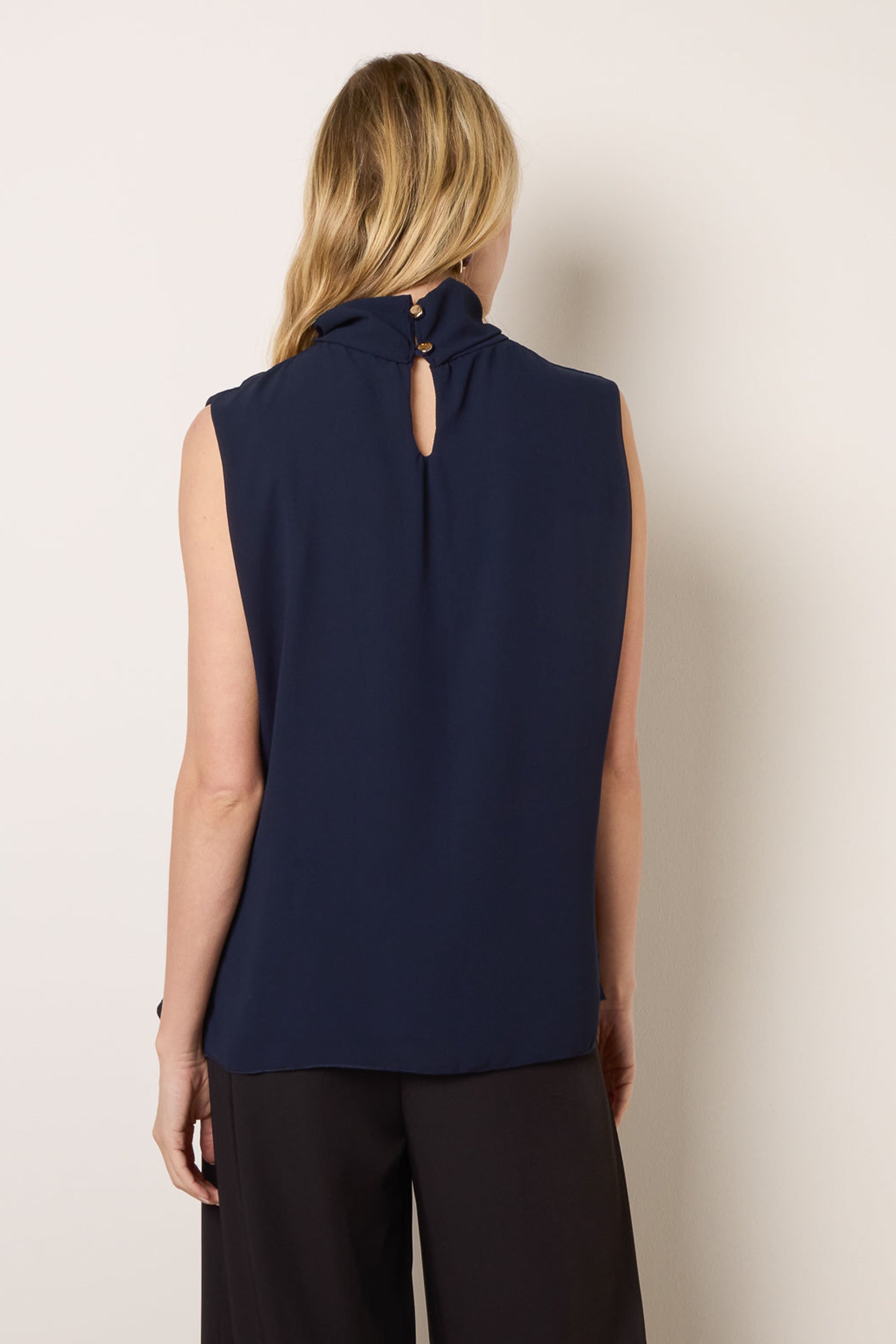 Blue Vanilla Navy Sleeveless Cowl Tie Front Chiffon Blouse