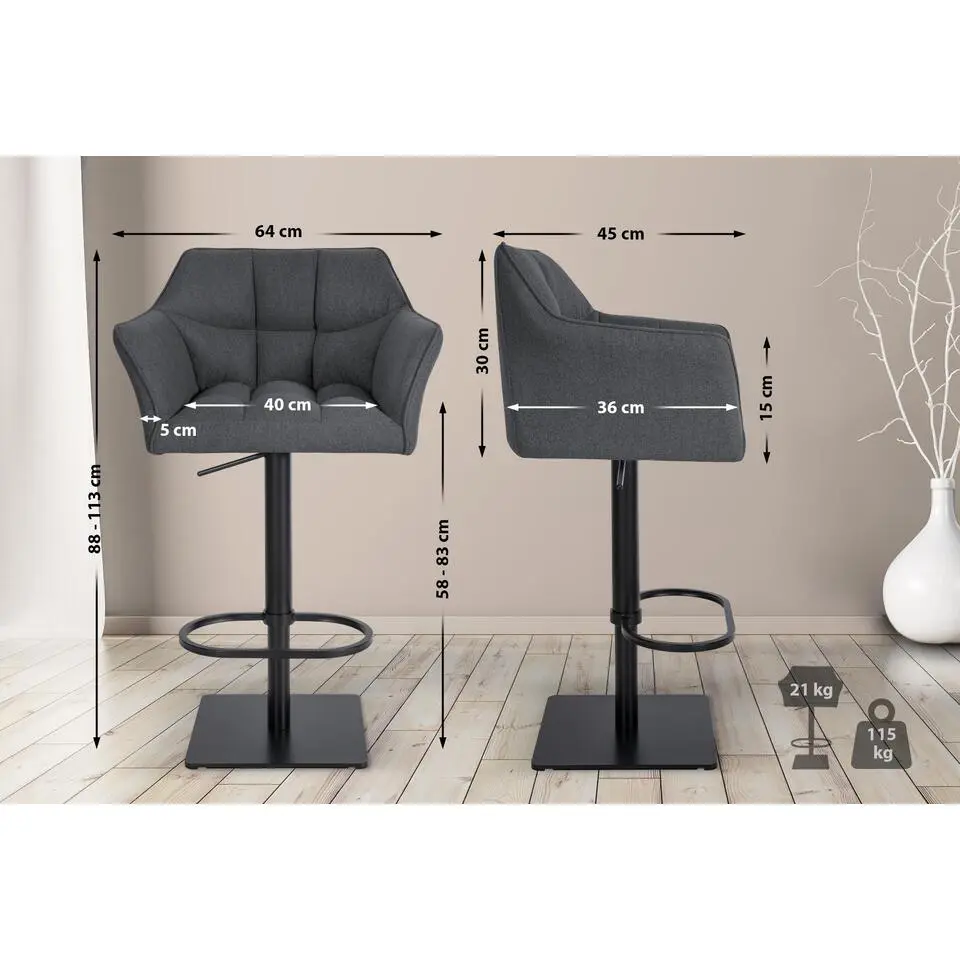 CLP Barkruk Damaso zwart Frame - Vilt - grijs