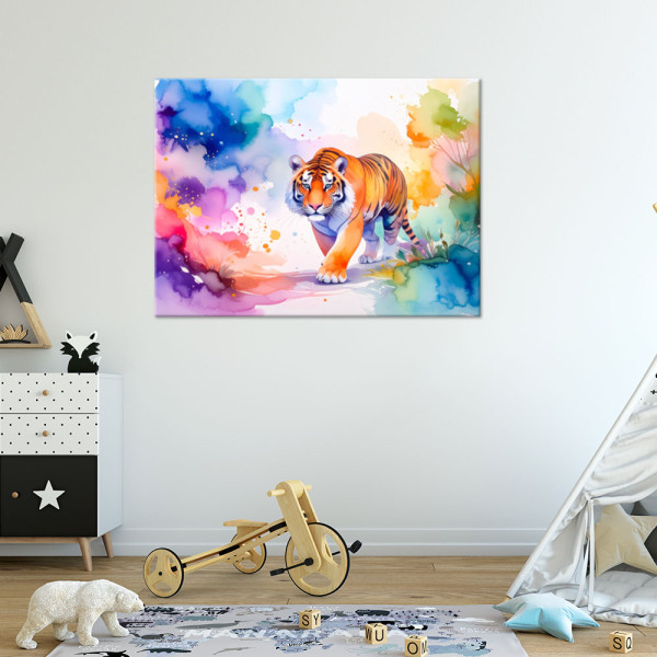 Obraz do pokoju dziecka, Kolorowy Tygrys Safari Akwarela 30x20