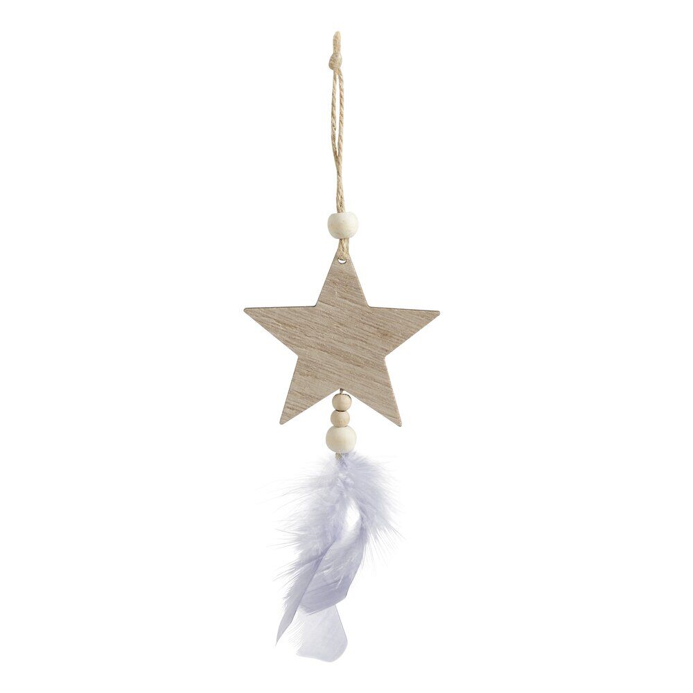 Suspension étoile en bois décor plumes gris naturel