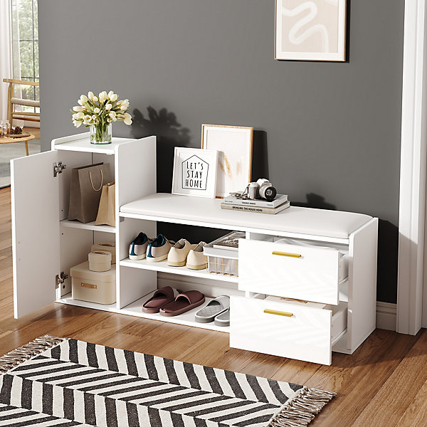 Meuble à Chaussures Blanc avec 2 Tiroirs et 1 Porte, Siège Rembourré, Rangement Intégré, Panneau de Particules, Blanc