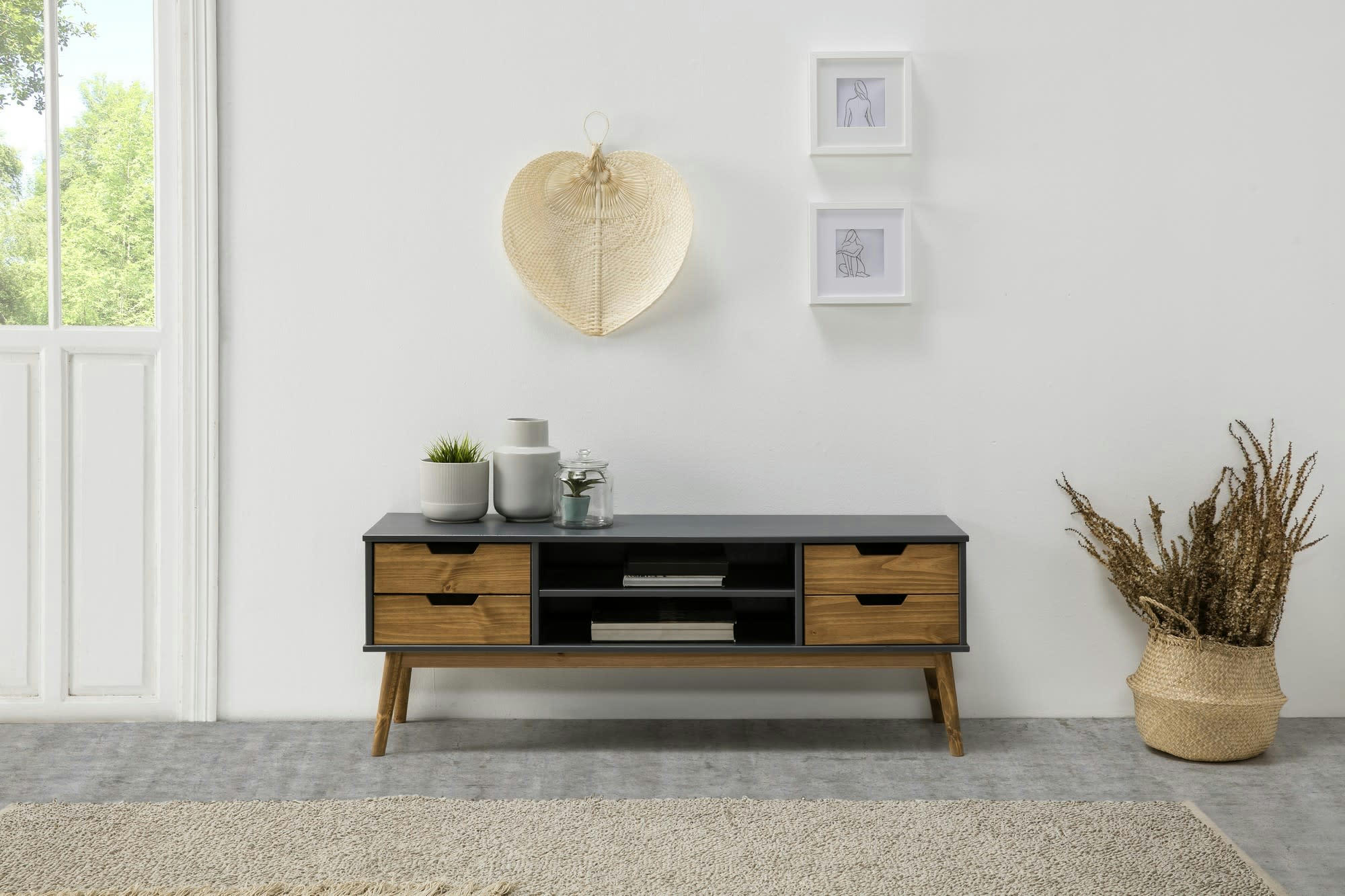 JAVA - Meuble tv 1 porte et 2 tiroir couleur gris, 140 cm