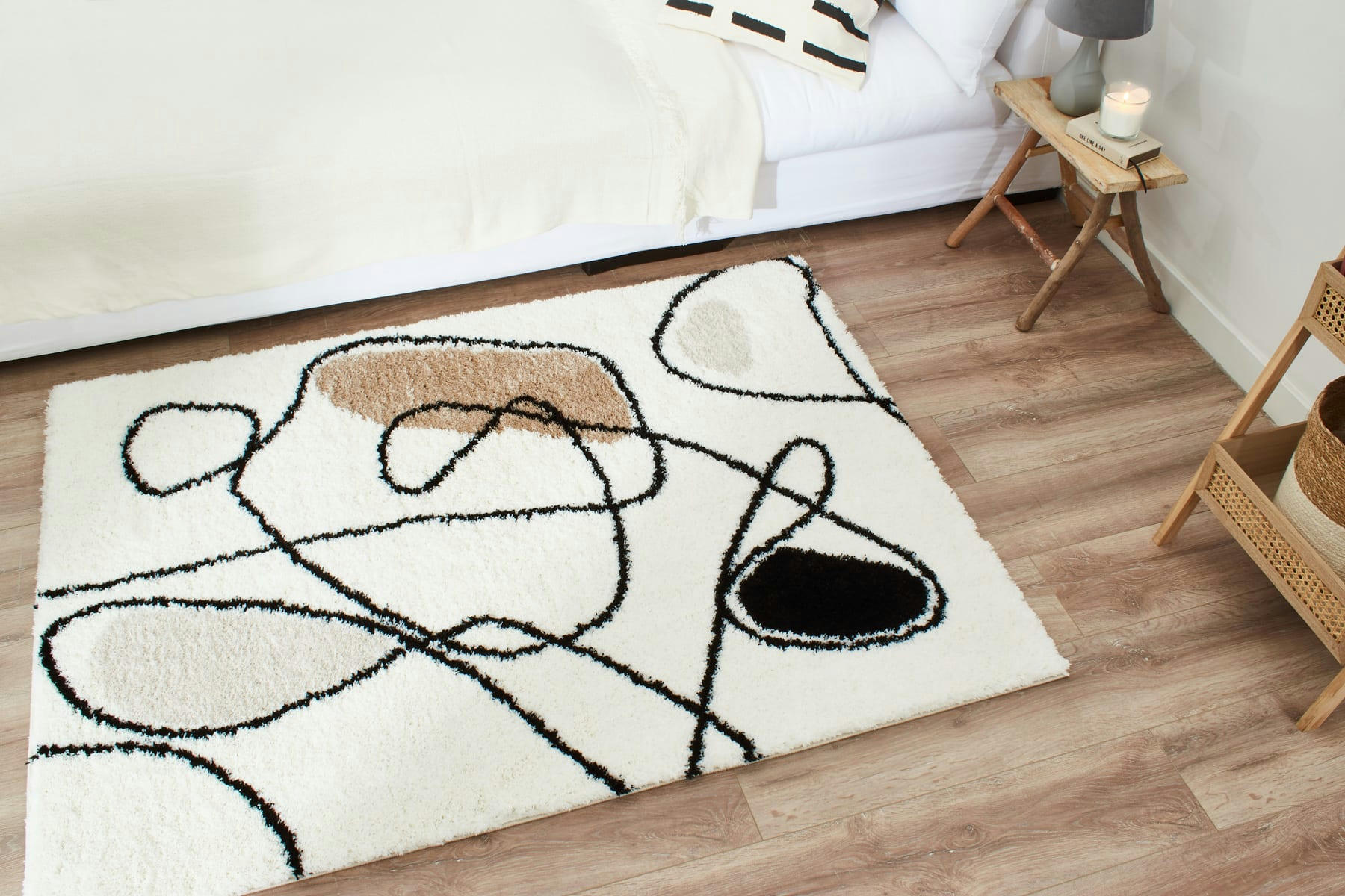 LASSO - Tapis salon abstrait beige, noir et ivoire - 120x160 cm