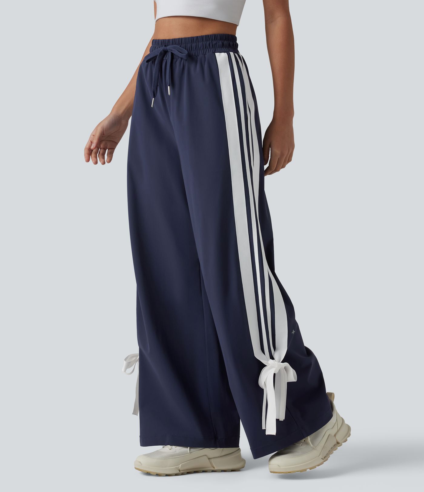 Pantalon large de course taille haute effet frais InstantCool à séchage rapide, color block à rayures avec nœud, cordon de serrage et poches, protection solaire UPF40
