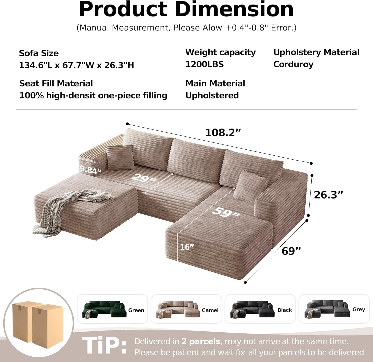 108.2 Modular Sectional Sofa with Deep Seat, Boneless U Shaped Corduroy Couch Modern Comfort, Cloud Couch Oversized for Living Room No Assembly (Camel)