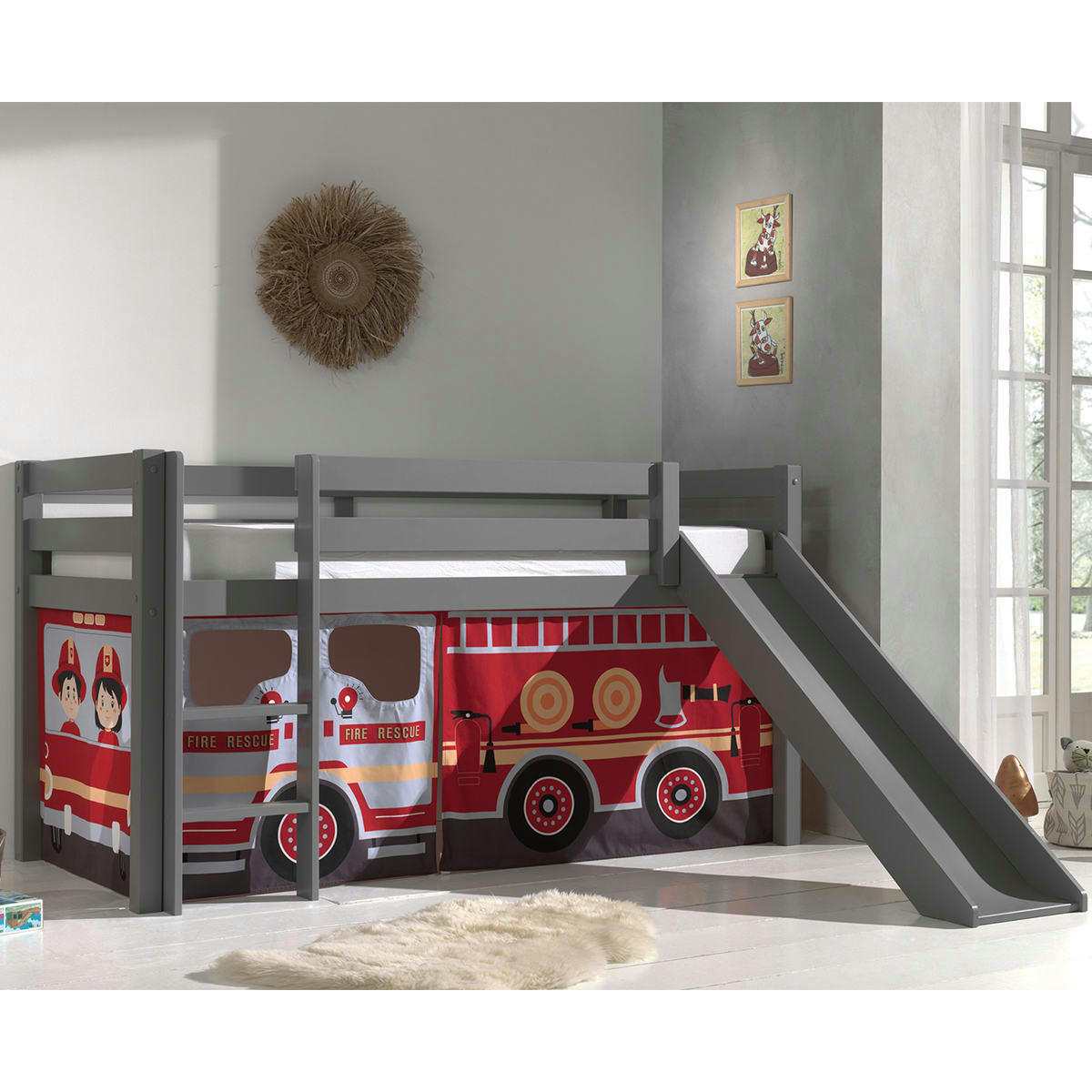 PINO - Lit mi-hauteur 90x200 toboggan sommier inclus housse pompier gris