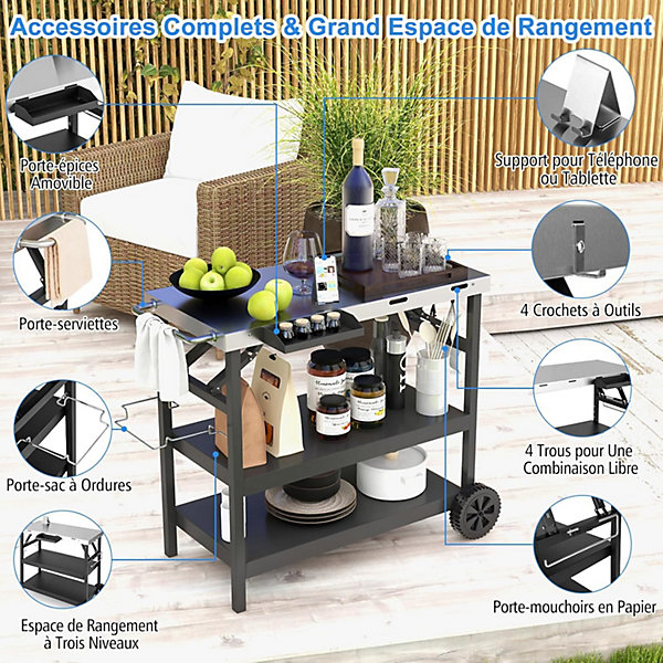 Desserte Jardin Chariot de Barbecue Mobile a 3 Niveaux Etagere reglable Support Porte epices Porte Serviettes Crochets
