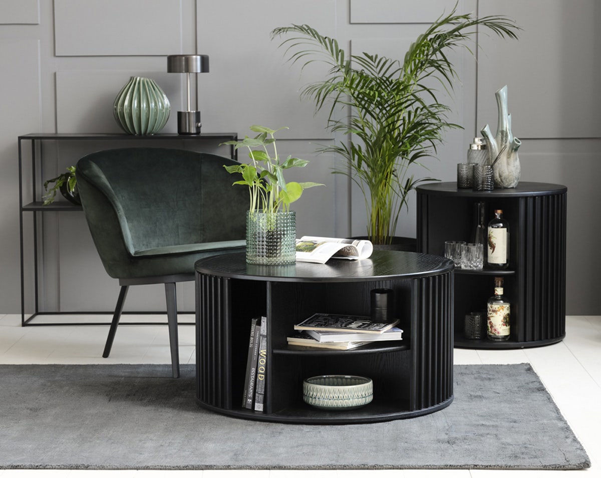 Olivine Redmer Ronde Houten Salontafel met Opbergruimte - Zwart