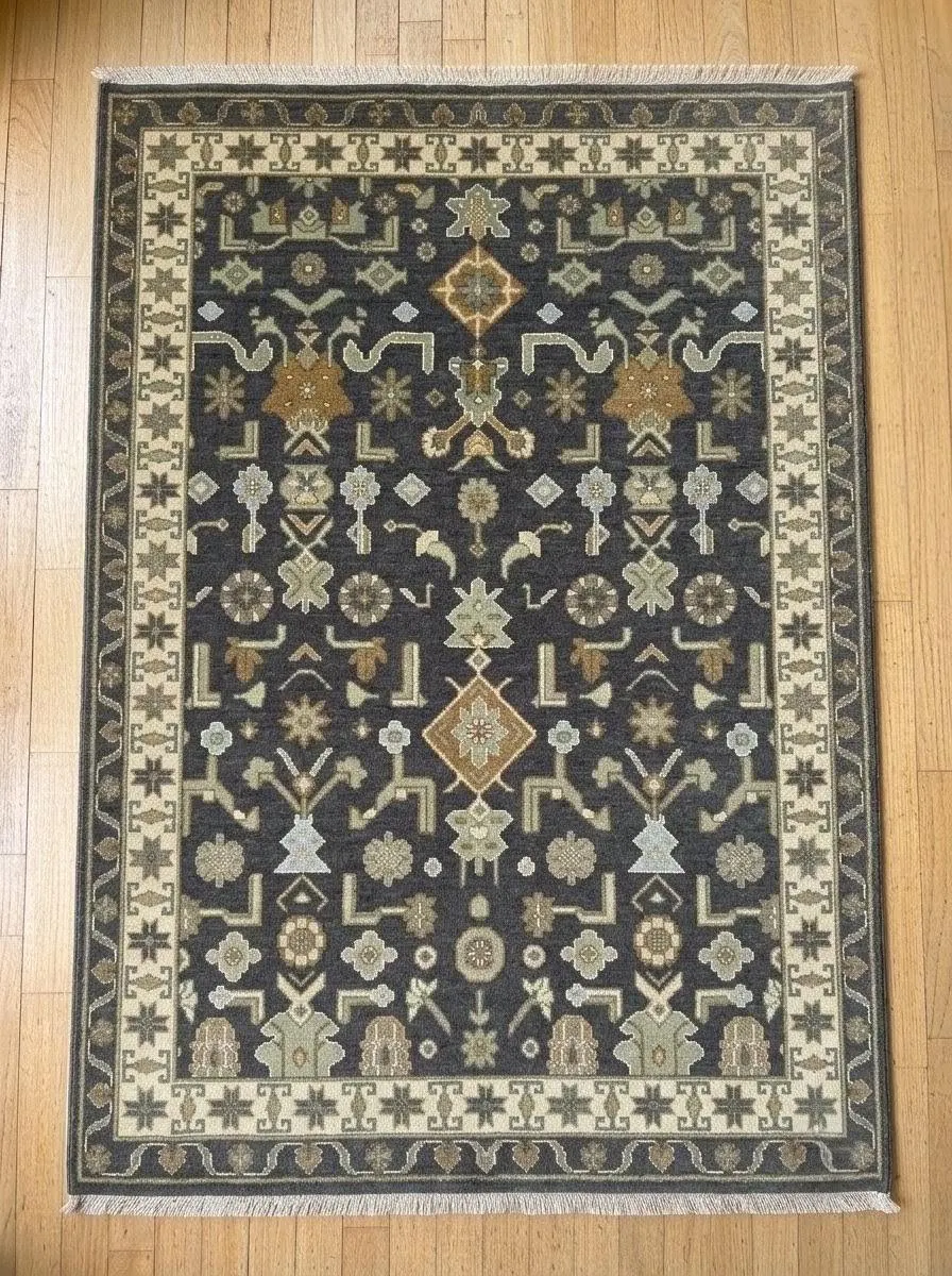 Hand Knotted Wool Rug, Vintage Floral Geometric Area Rug, Navy Blue Ivory Rug, Traditional Living Room Rug, Handmade Bedroom Carpet
