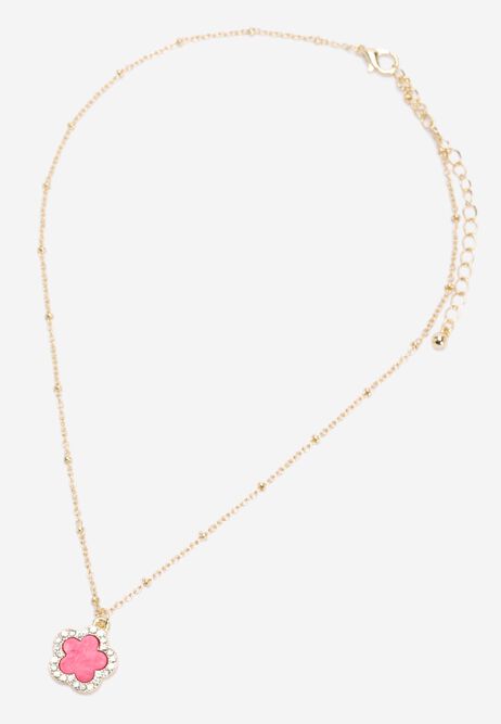Womens Gold Hot Pink Flower Diamante Pave Necklace