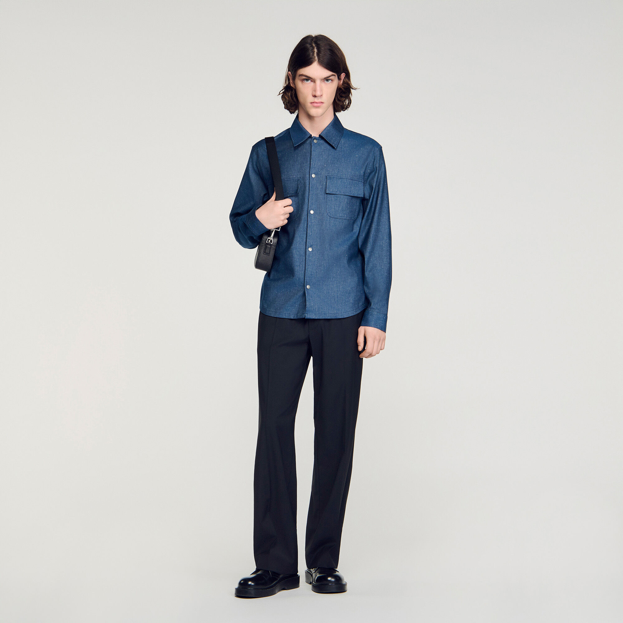 Chemise effet denim en coton et lin