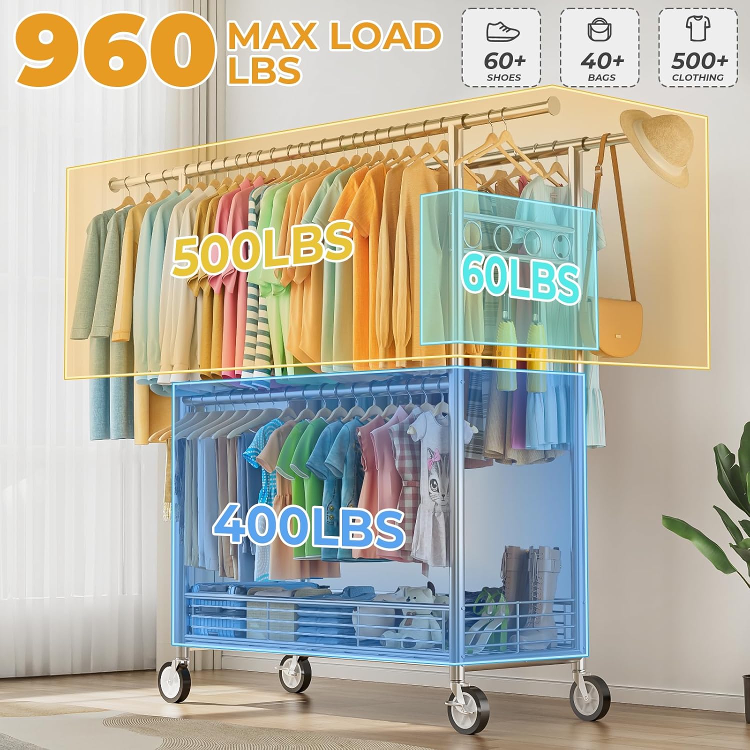 Heavy Duty Clothes Rack Load 960LBS, Three Rods Rolling Clothing Racks for Hanging Clothes, Rolling Garment Rack With Sturdy Wheels Shelves Hooks, Portable & Adjustable Commercial Garment Rack, Silver
