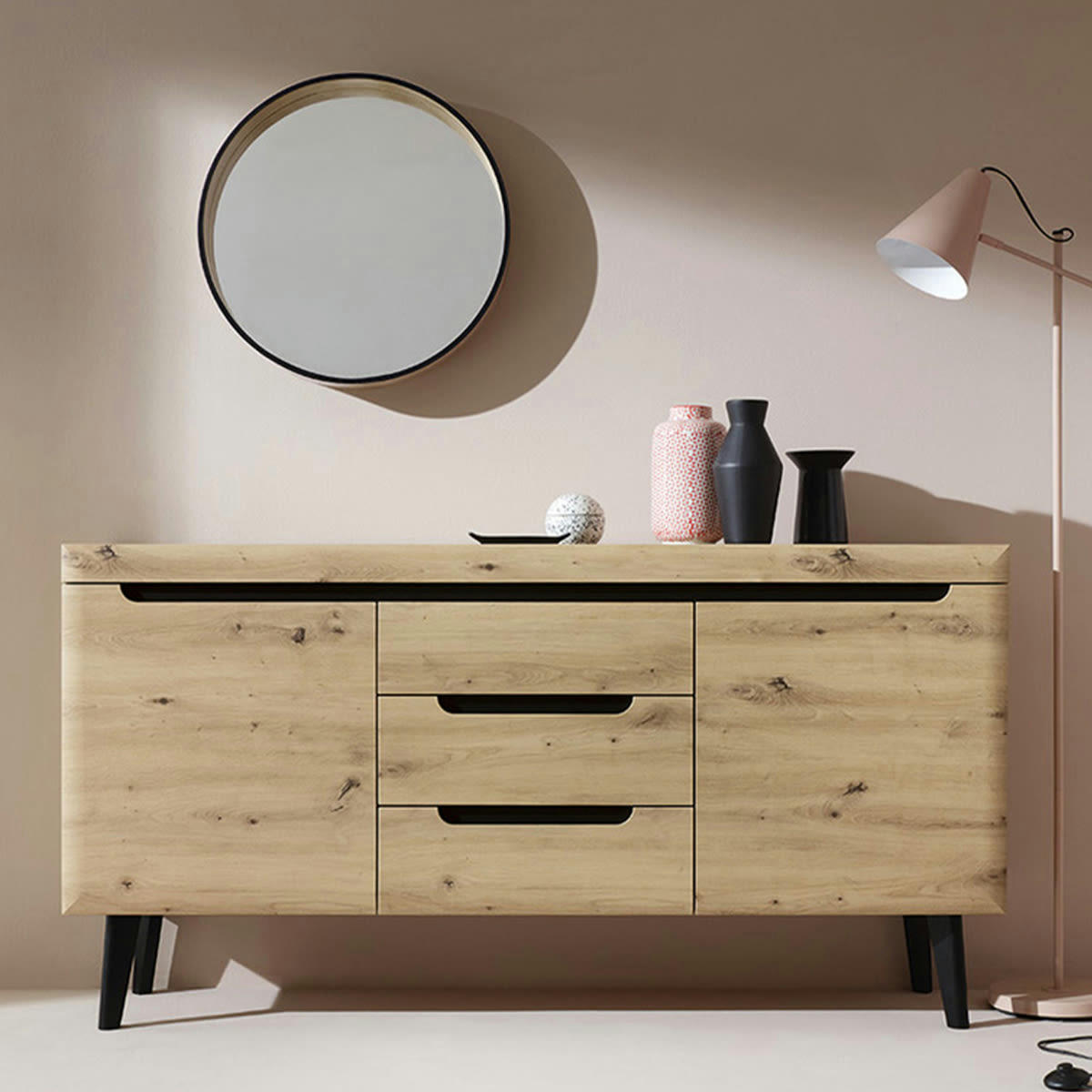 - Buffet 2 portes 3 tiroirs naturel et noir
