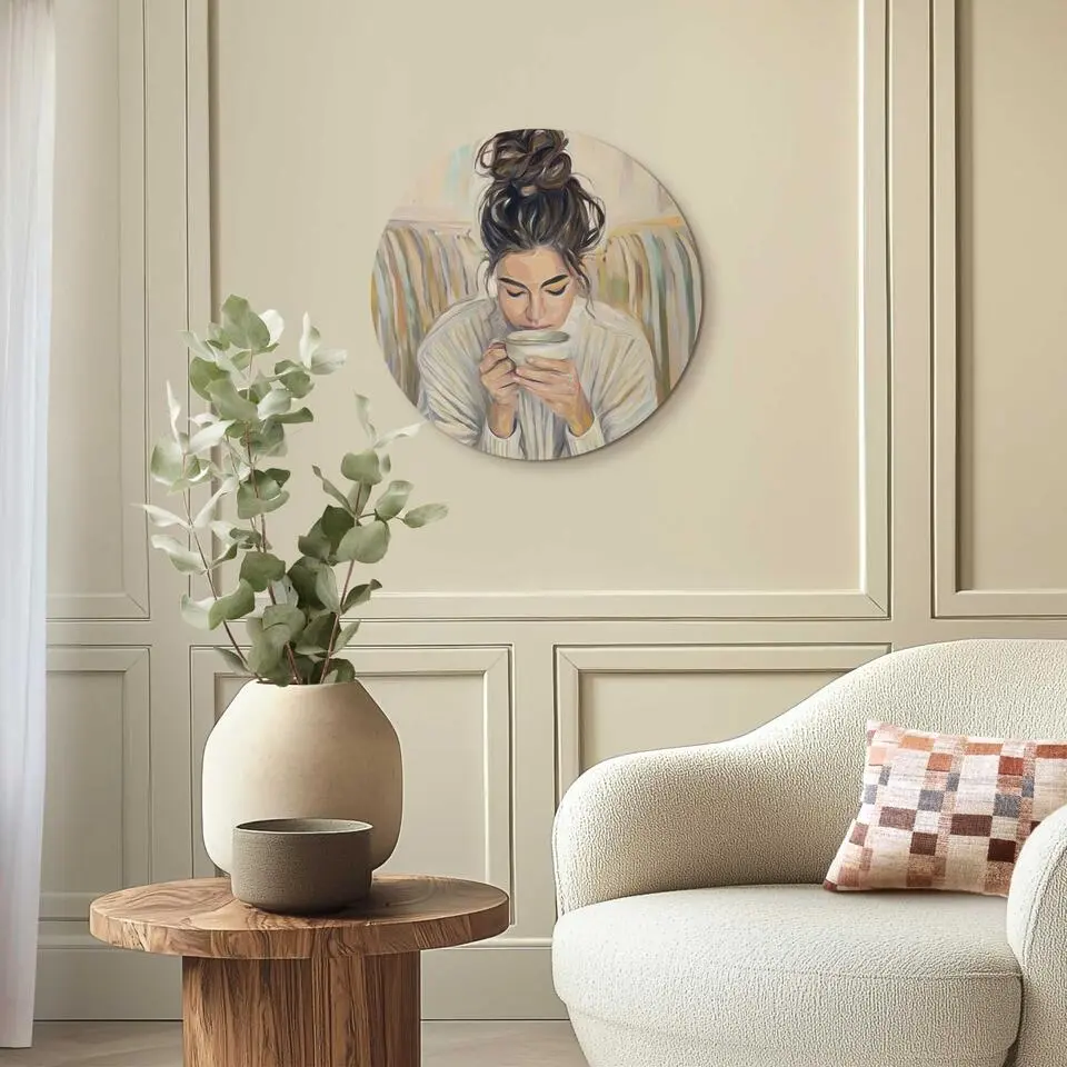 Glasschilderij Koffiepauze - &Oslash; 50 - Beige