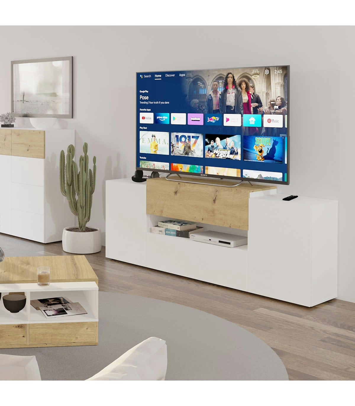 OLPE - Meuble TV 2 portes 2 tiroirs blanc brillant et chêne artisan - L182 cm