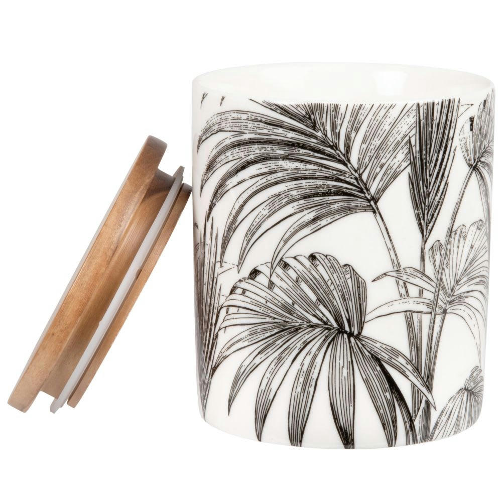 MOIA - Pot en porcelaine blanche et noire imprimé palmes et couvercle en acacia H12