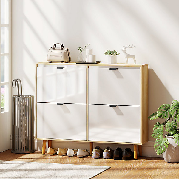 Meuble à chaussures style scandinave 4 portes étagères réglables piètement bois blanc effet bois clair