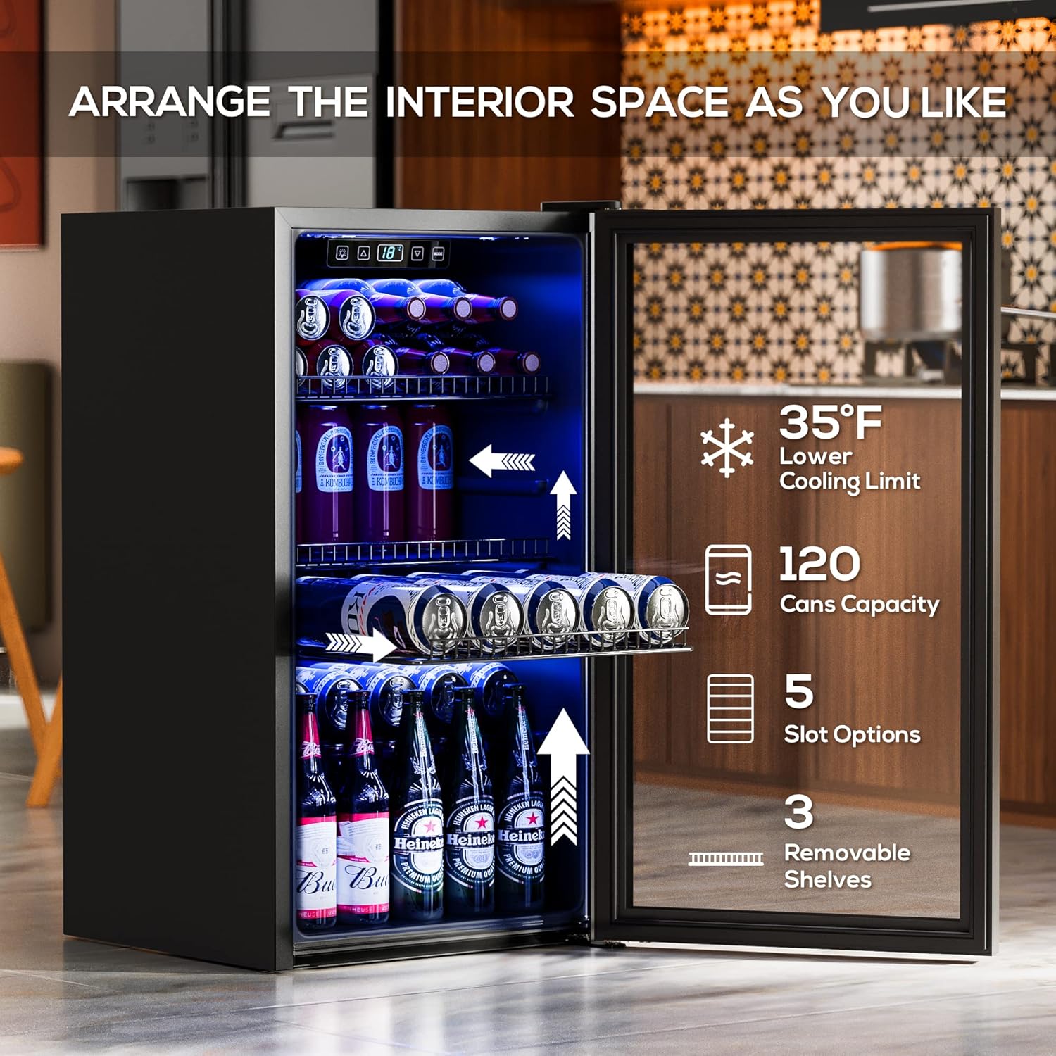 Manastin Beverage Refrigerator Cooler-130 Cans Freestanding Mini Fridge Cooler with Glass Door, Adjustable Shelves & Digital Temperature Display for Soda, Wine or Beer (Black, 3.2 Cu.Ft)