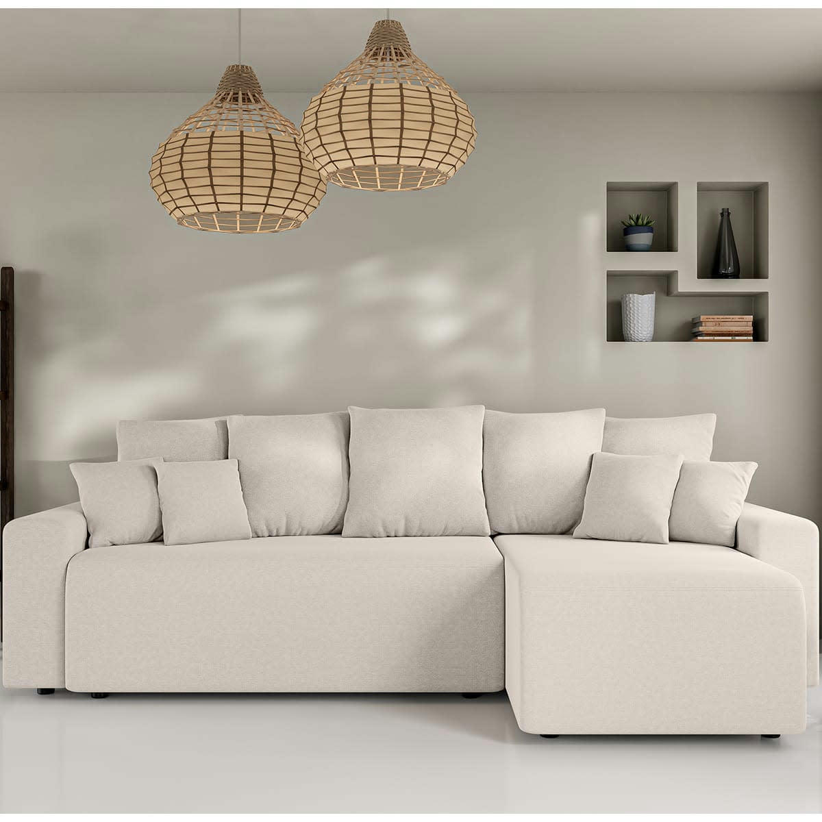 LUCIA - Canapé d'angle convertible 4 places en tissu chenille beige