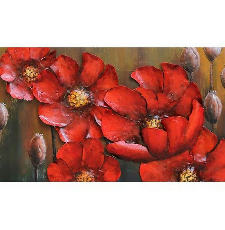 MÉTAL BRASS - Tableau relief en métal fleurs rouges 150x50