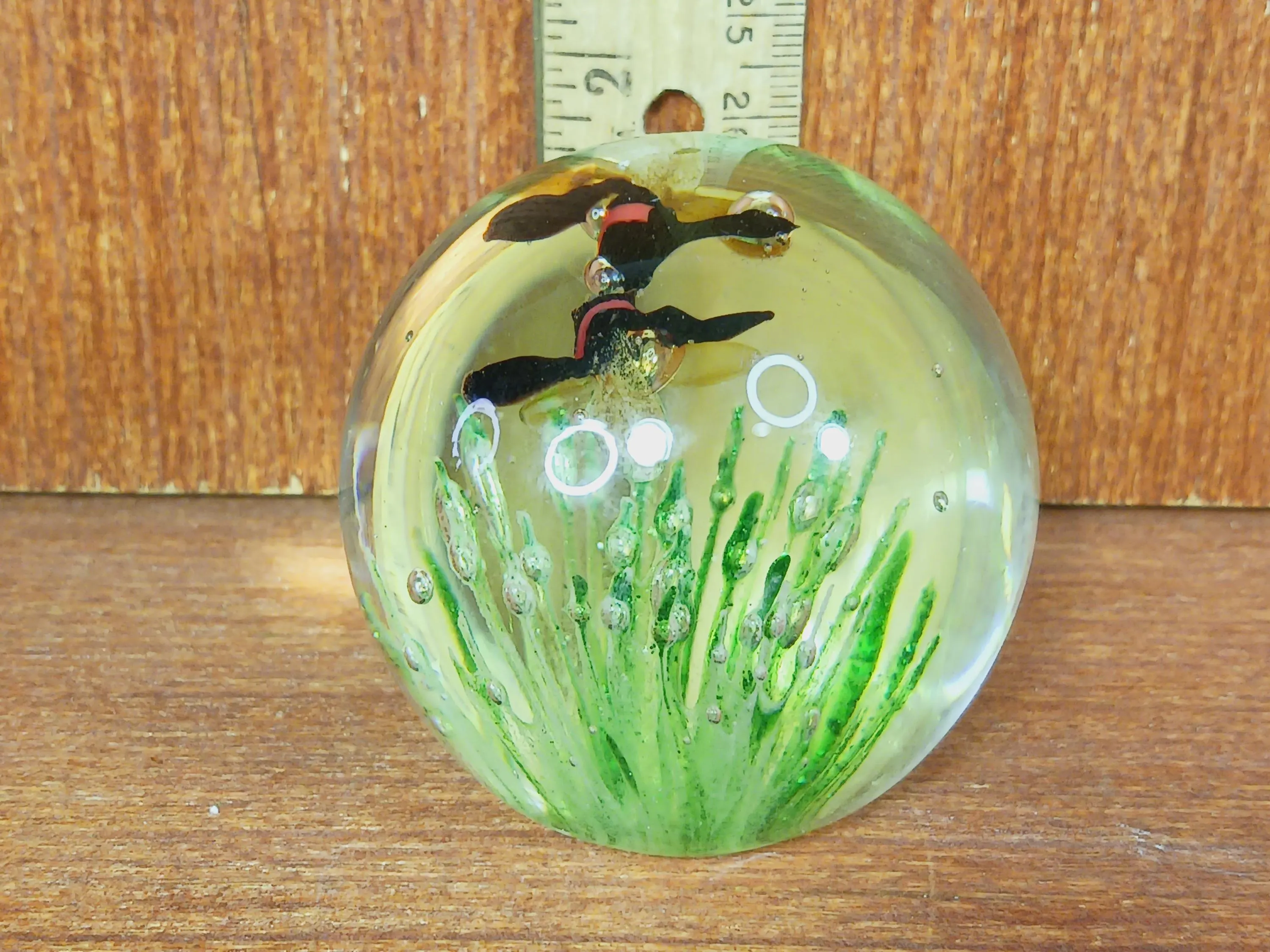 Vintage Art Glass Paperweight Bumble Bee Floral Design Clear Glass Orb