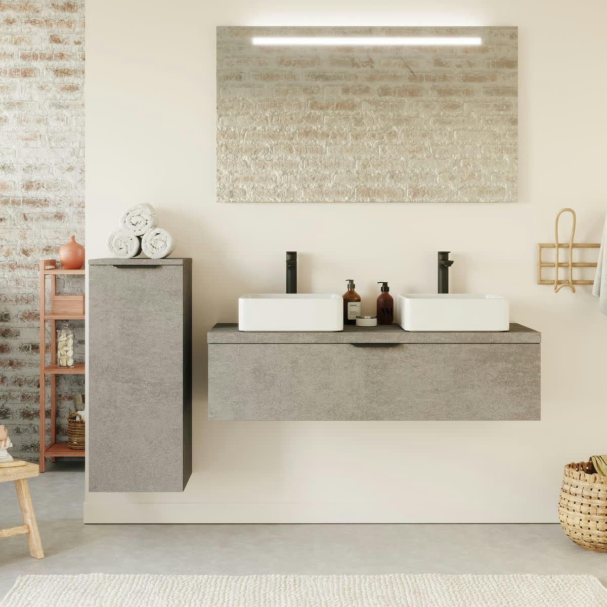 VENICE - Meuble salle de bain 2 vasques posées 120cm 1 tiroir Béton