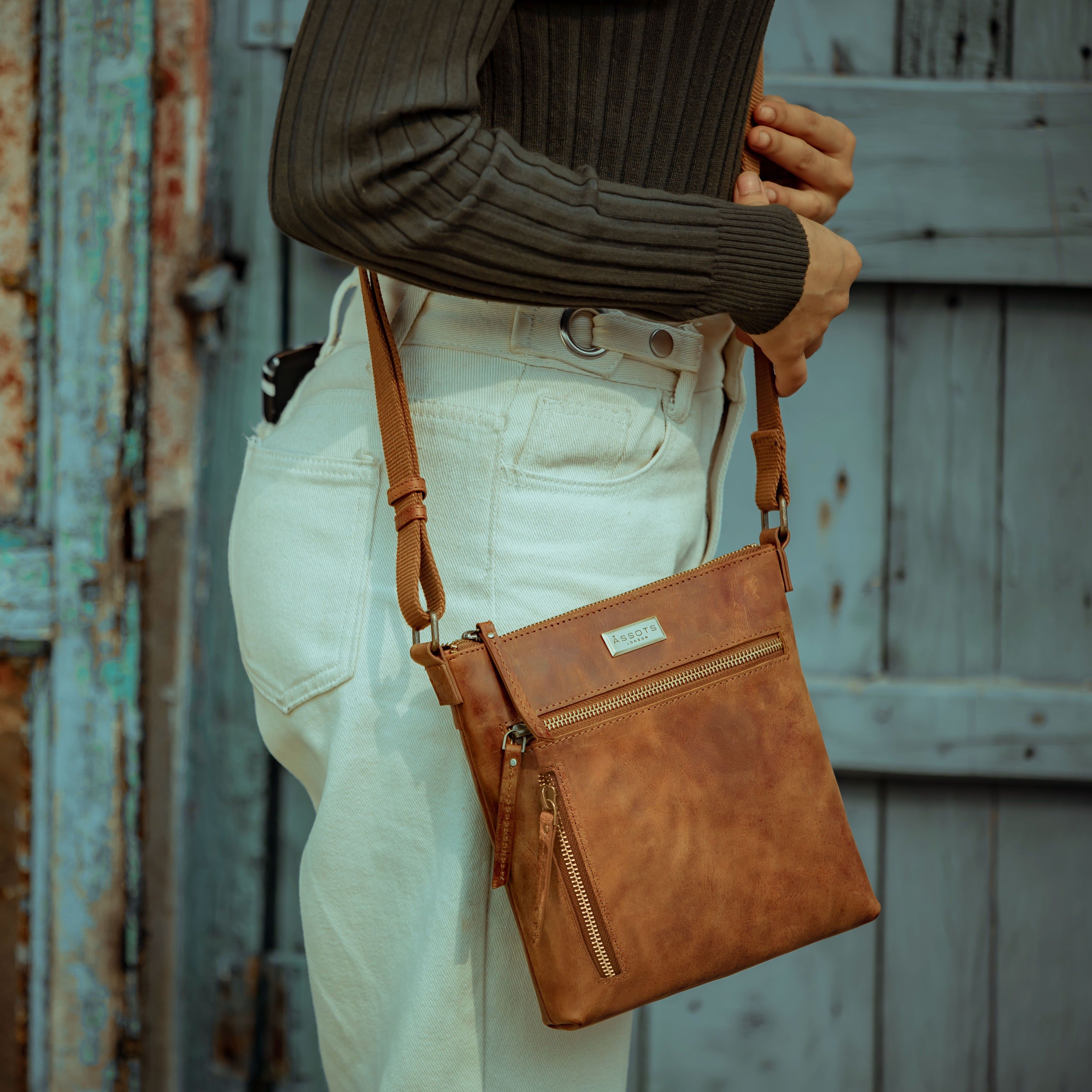 Assots London RUE' Distressed Real Leather Crossbody Bag