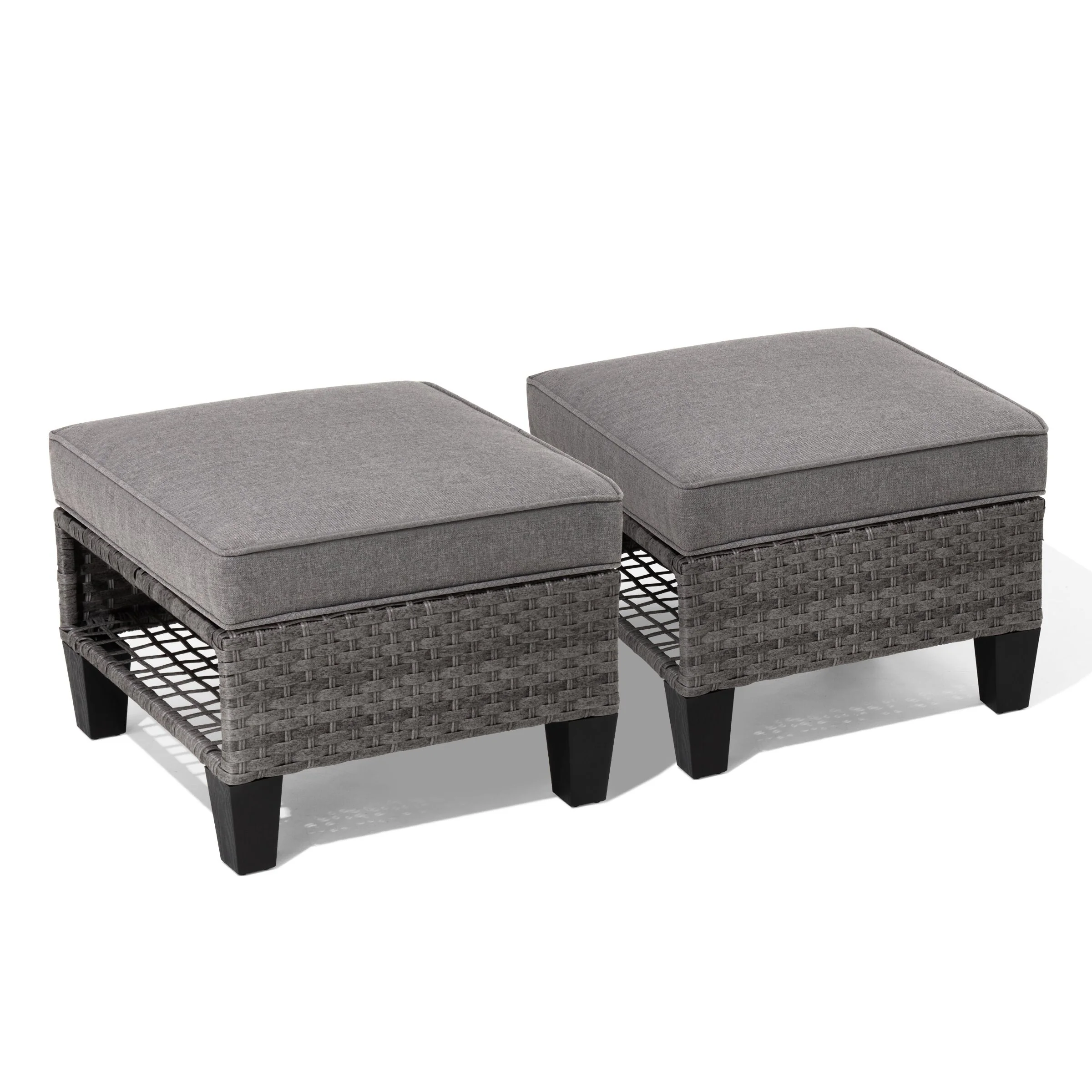 Outdoor Patio Square Rattan Storage Ottomans Set (Set of 2) with Removeable Cushion, as Side Table Footstool