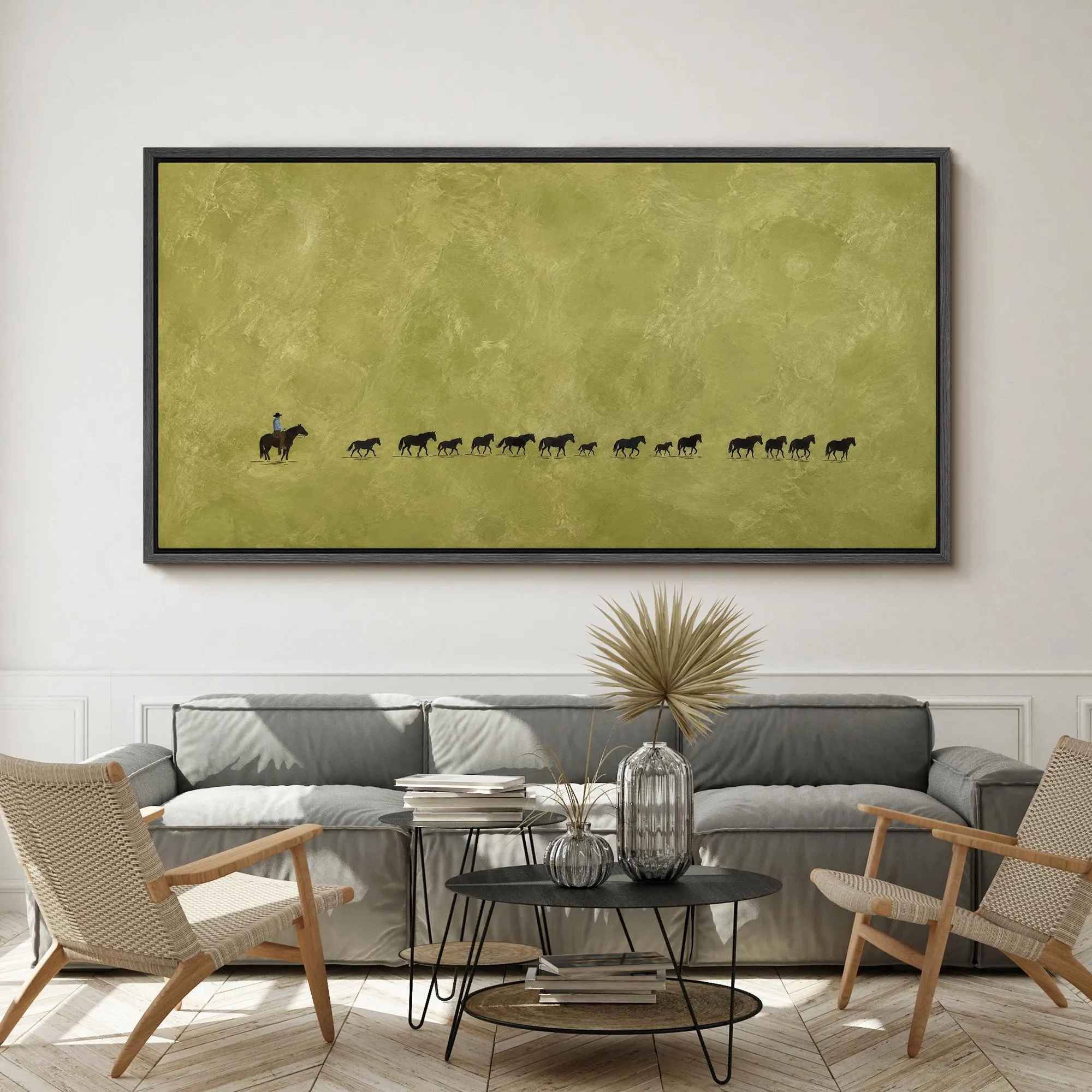 Large Cowboy Cattle Drive Framed Wall Art, Olive Green Ranch Canvas Print, Minimal Western Artwork, Rustic Farmhouse Decor