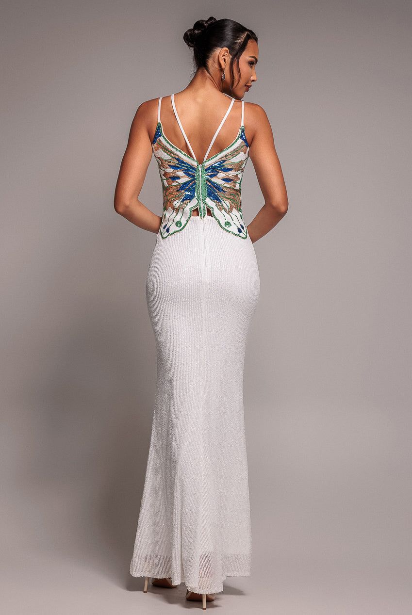 Goddiva Sequin Butterfly Front Split Maxi Dress