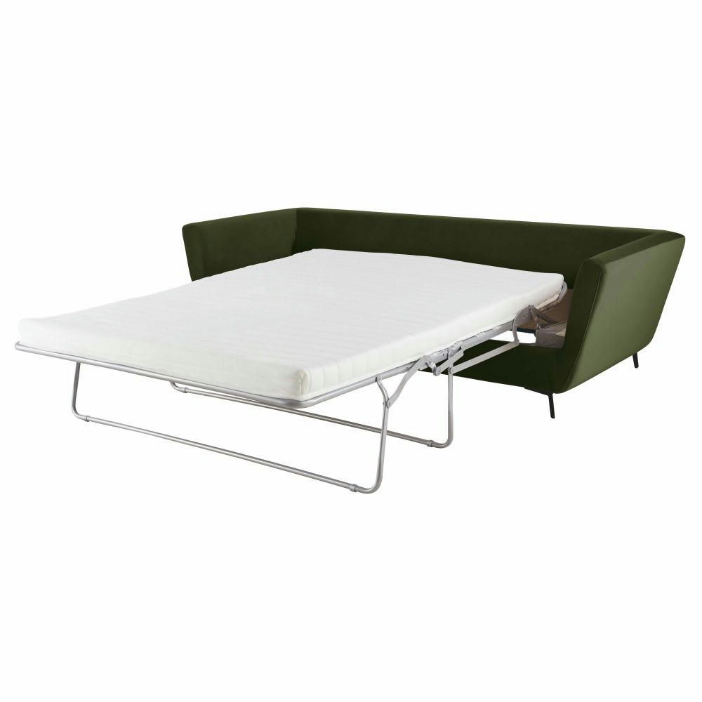 Prague - Canapé convertible 2/3 places en velours vert, matelas 10 cm
