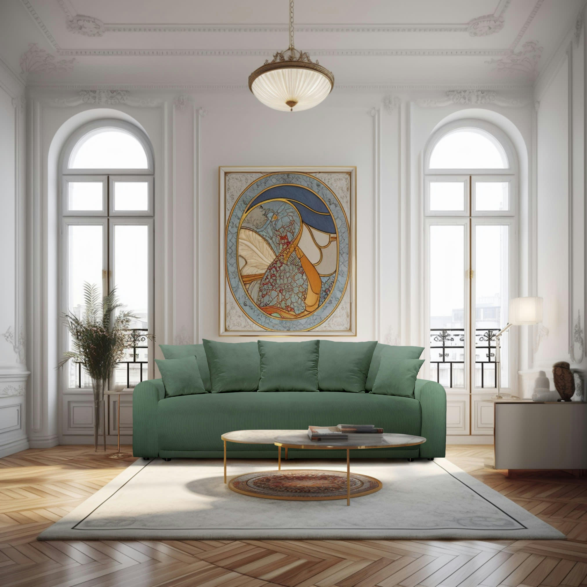 ODEON - Canapé droit convertible 4 places en velours côtelé vert