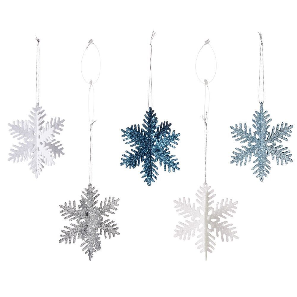 Flocon de No&euml;l pailleté argenté blanc et bleu à suspendre Ø10cm x5