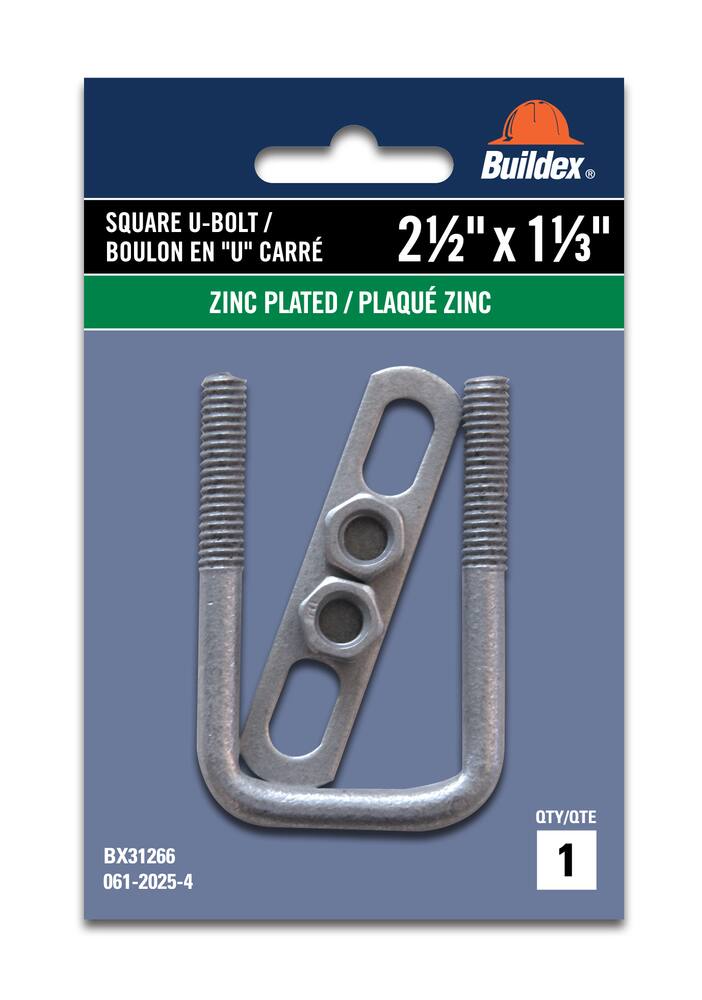 Buildex Square U Bolt, Carbon Steel and Zinc-Plated, 2-1/2 x 1-1/3-in