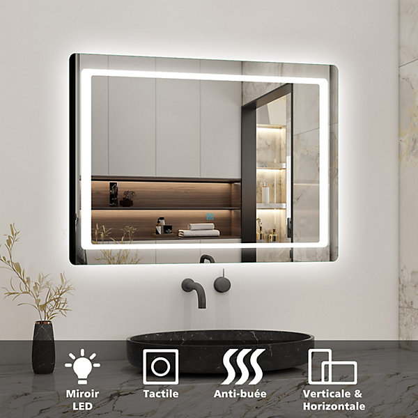 Miroir de salle de bain avec éclairage intégré, L.120 x H.70 cm Miroir lumineux anti buée, AICA SANITAIRE