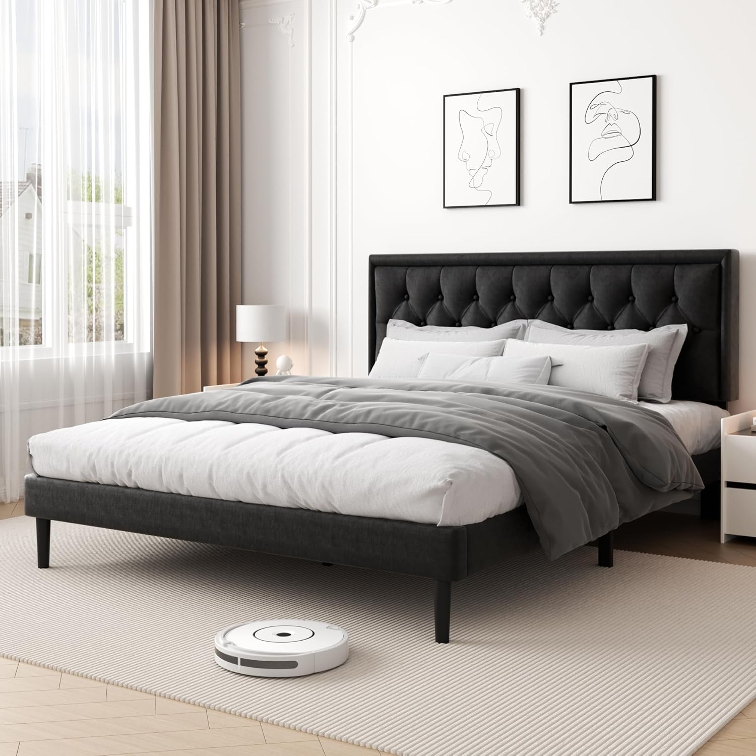 King Size Platform Bed Frame with Upholstered Velvet Button Tufted Headboard, Mattress Foundation with Wooden Slat Support, No Box Spring Needed, Easy Assembly, Noise Free, Black.