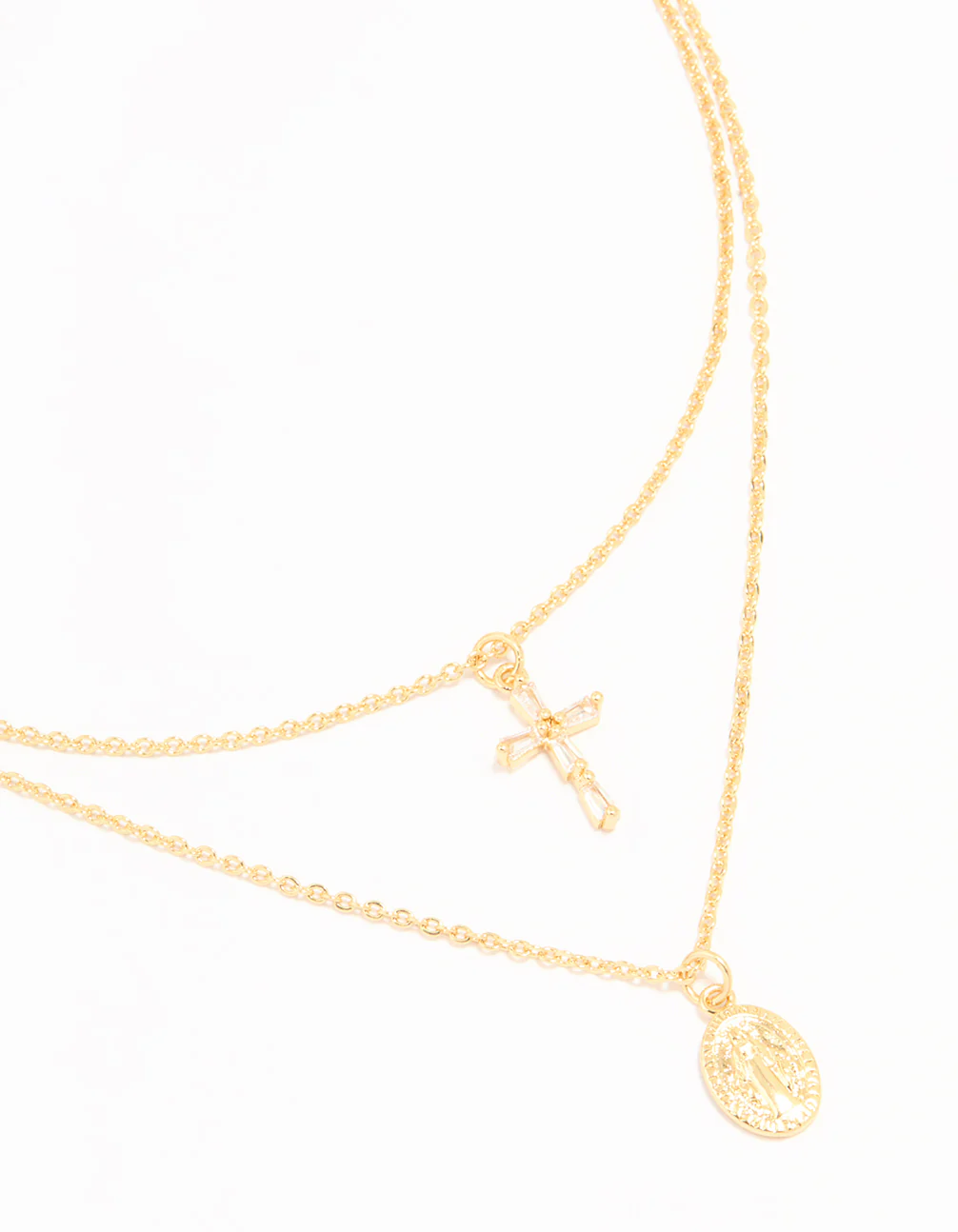 Gold Plated Cross & Mary Layered Necklace