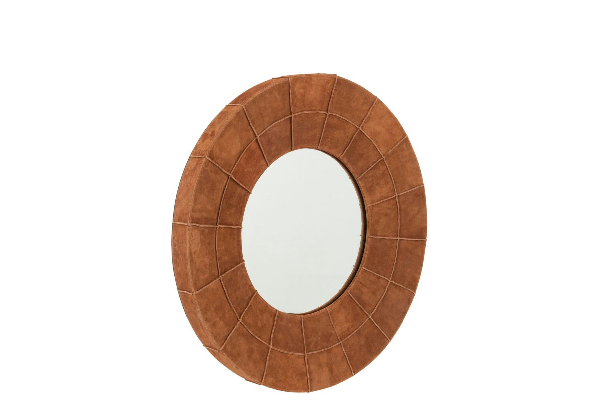 OLIVER - Miroir rond en cuir velours marron cognac L71