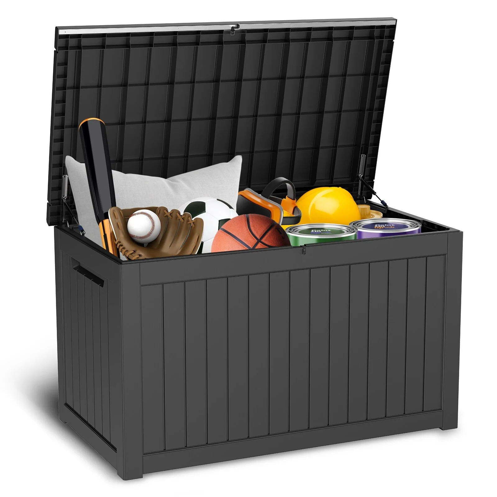 Black Moisture Proof Resin Storage Deck Box with Lockable Lid and Air Lever for Outdoor Gear and Patio Table