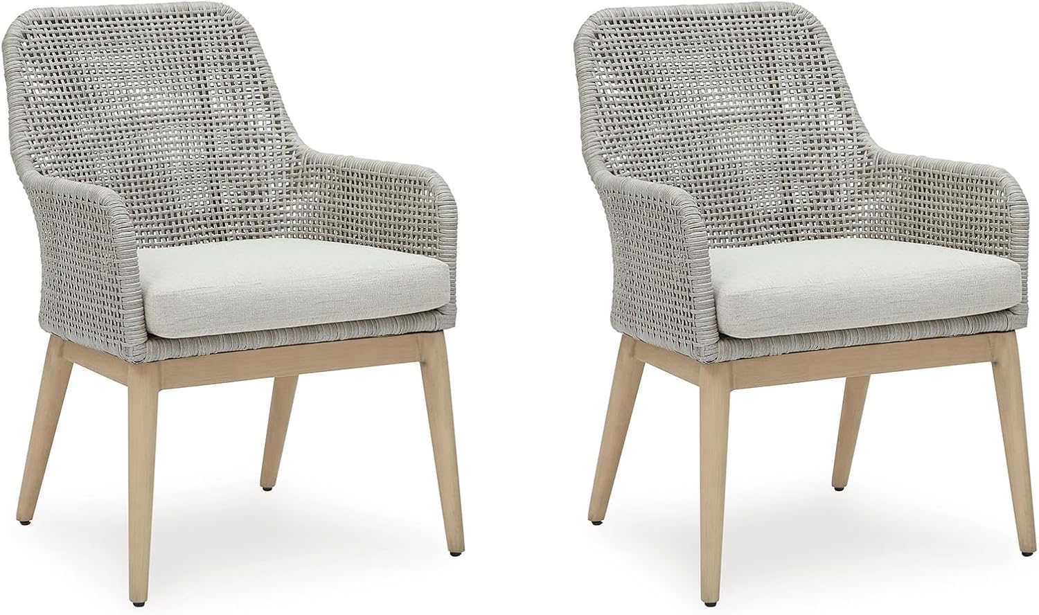 Signature Design by Ashley Seton Creek Cottage Nuvella Weather Resistant Fabric Outdoor Dining Arm Chair with Cushion, Set of 2, Light Brown & Light Gray